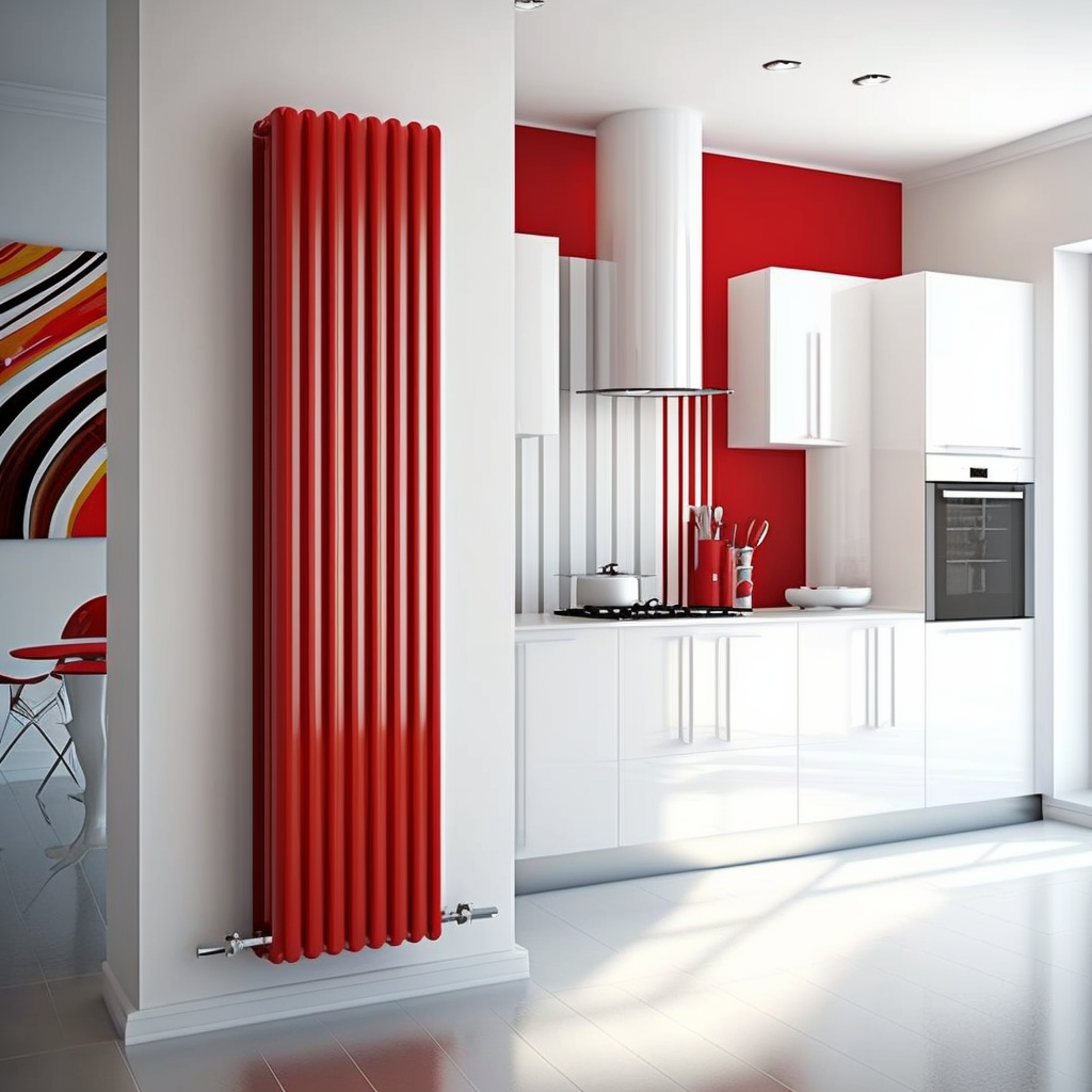 Красный радиатор на кухне